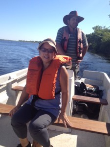 Donna in the boat with our wonderful guide, Pedro